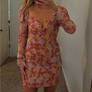 ASOS Petite Floral Sweetheart Long-Sleeve Mini Dress - Pink, Yellow, Blue